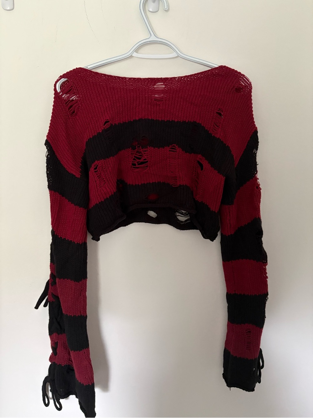 Cider Distressed Cropped Striped Sweater - Red & Black